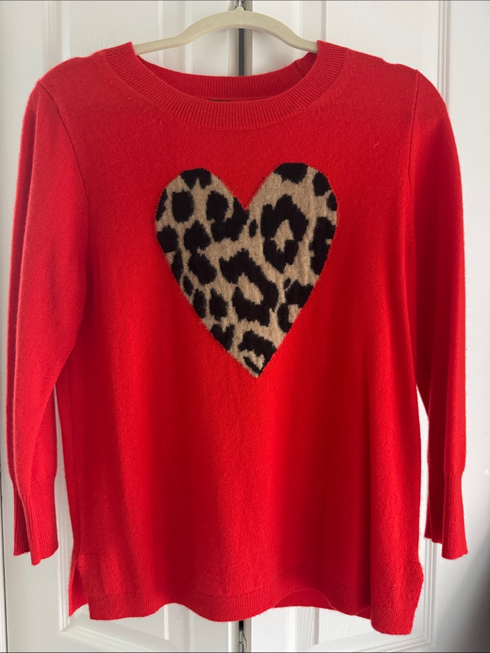 J. Crew 100% cashmere Red Crewneck Sweater with Leopard Heart